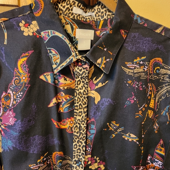 SOLD Chico's Black, Colorful No-iron Shirt With Leopard Cuffs/Front Placket NWOT - Picture 5 of 6